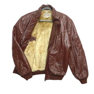 Vintage Chess King Leather Bomber Jacket Mens Size 44 Brown Fur Lined Moto 1970s